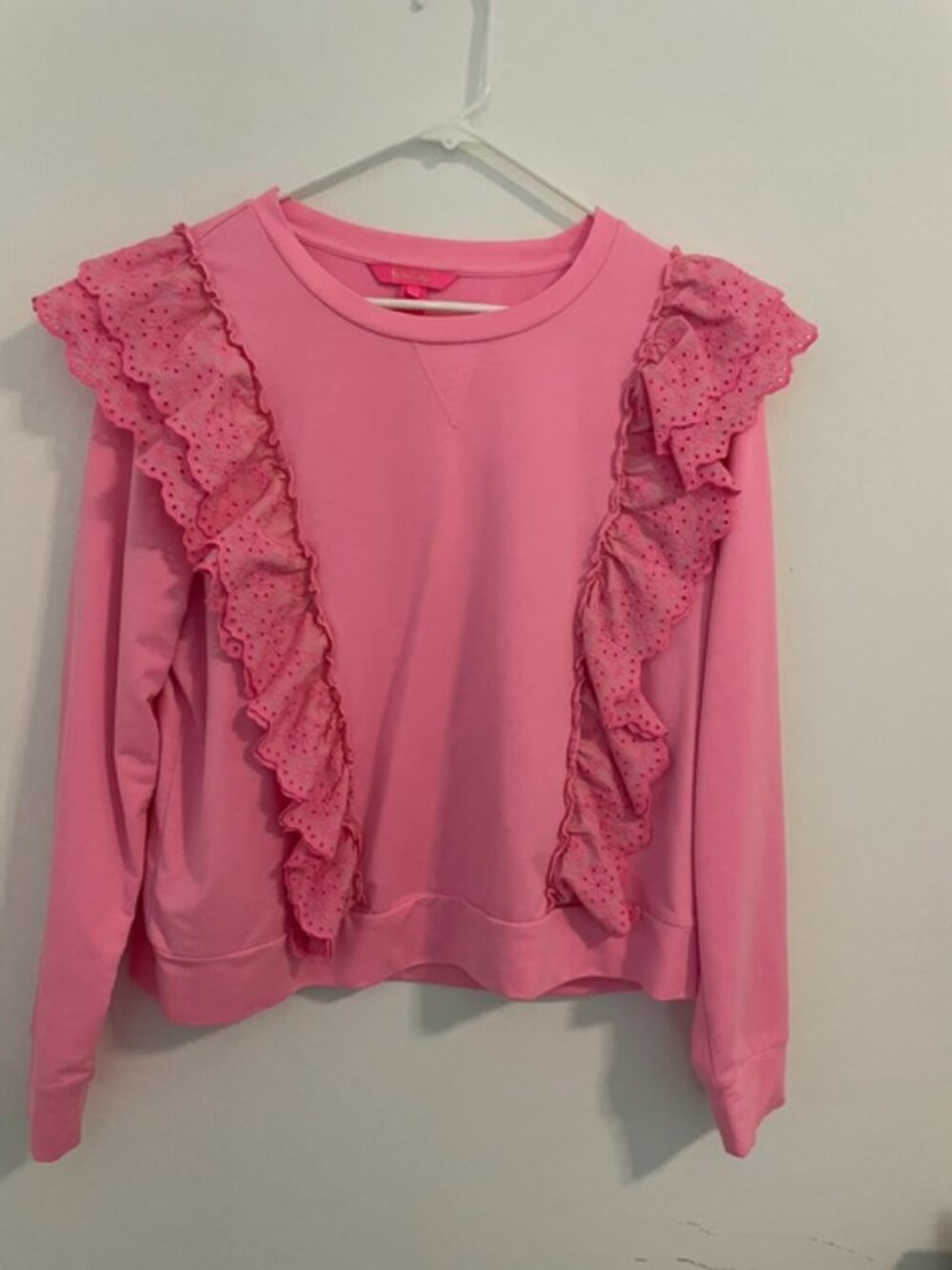 Lilly Pulitzer Deva Ruffle Eyelet Embroidered Sweatshirt Pullover Top L